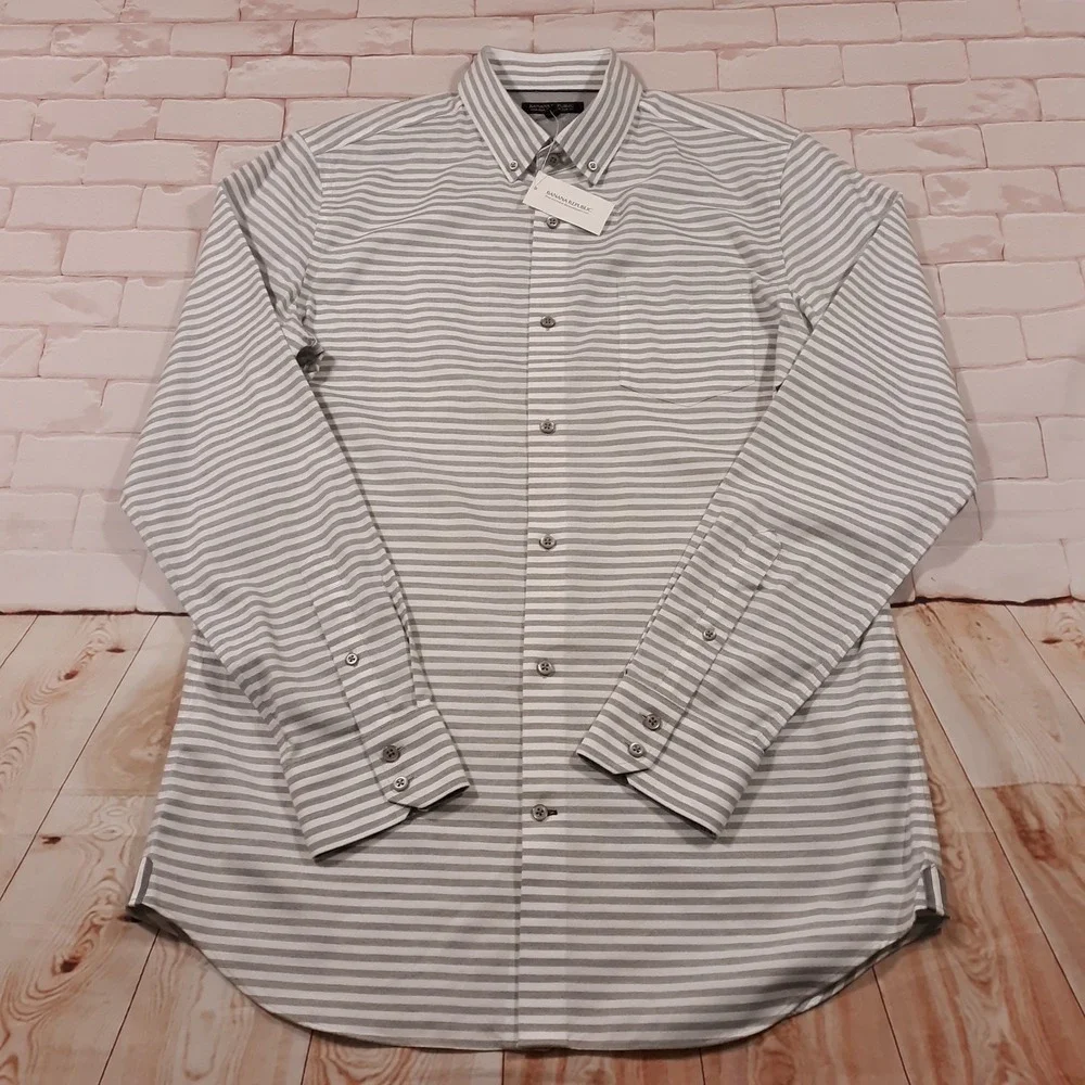 Banana Republic Non-Iron Shirt Mens Size Large Tall Slim‎ Fit Gray Striped NEW